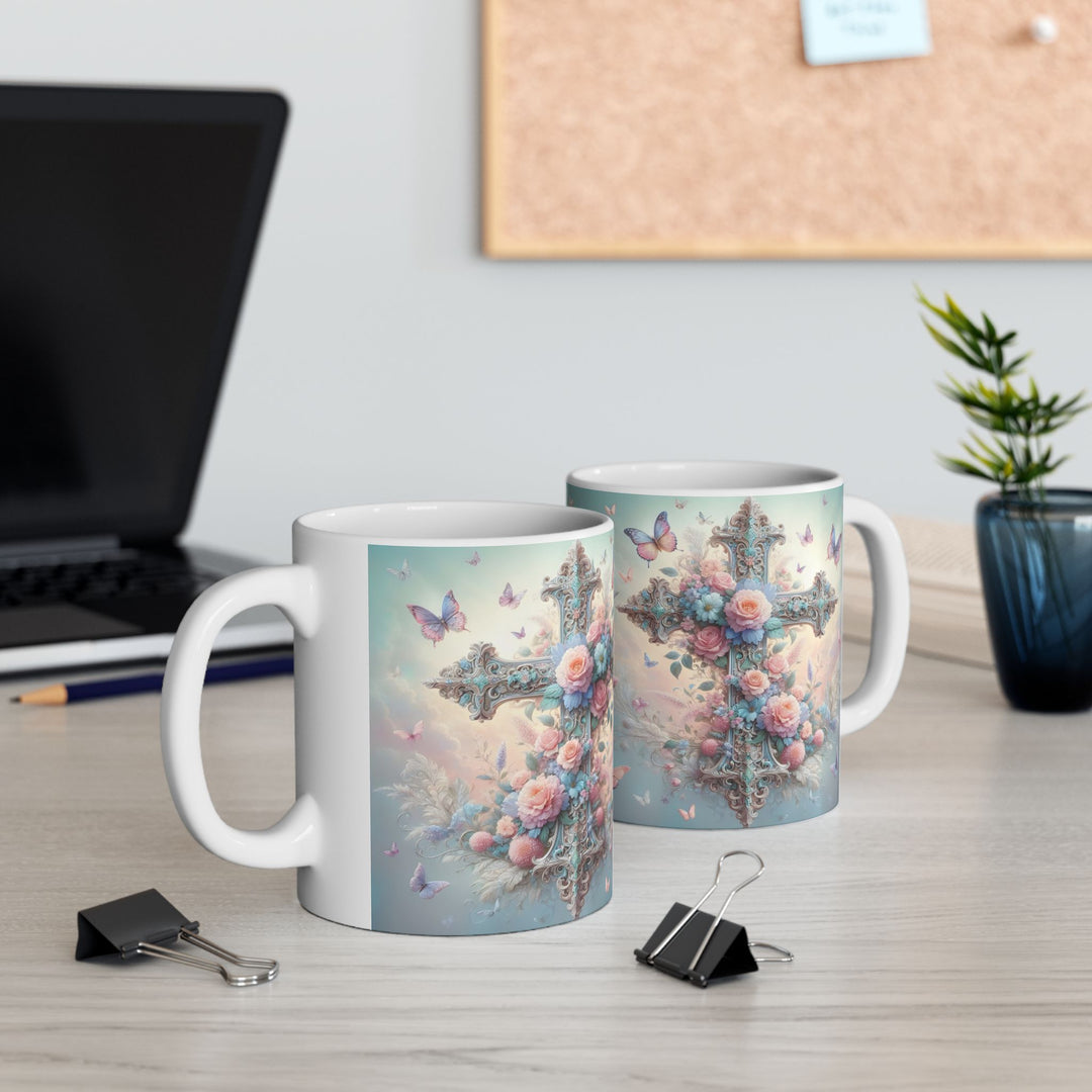 Faith & Beauty Cross Floral Mug – Christian Coffee Cup with Butterflies