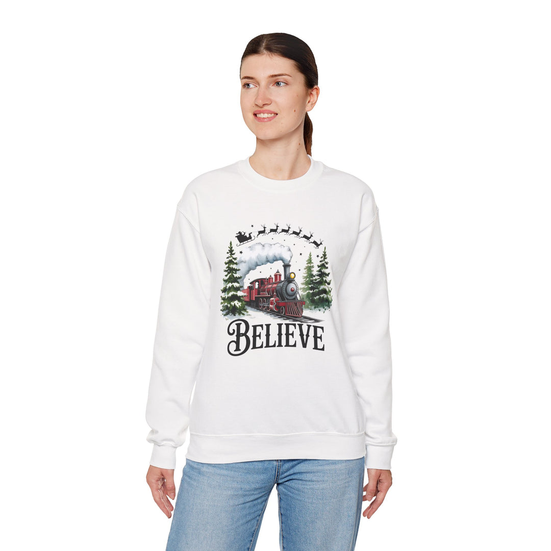 Believe Train Sweatshirt, Cozy Winter Crewneck, Christmas Gift, Holiday Apparel, Unisex Fleece