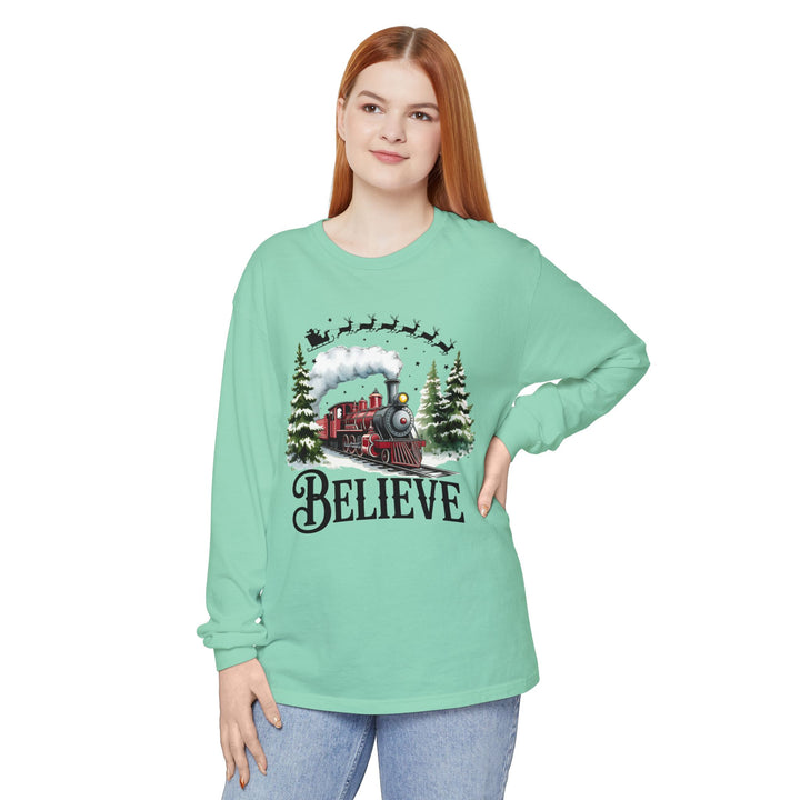 Believe Santa Train Long Sleeve Tee, Cozy Gift for Christmas, Unisex Shirt, Holiday Apparel, Festive Outfit, Winter Wear, Seasonal T-Shirt