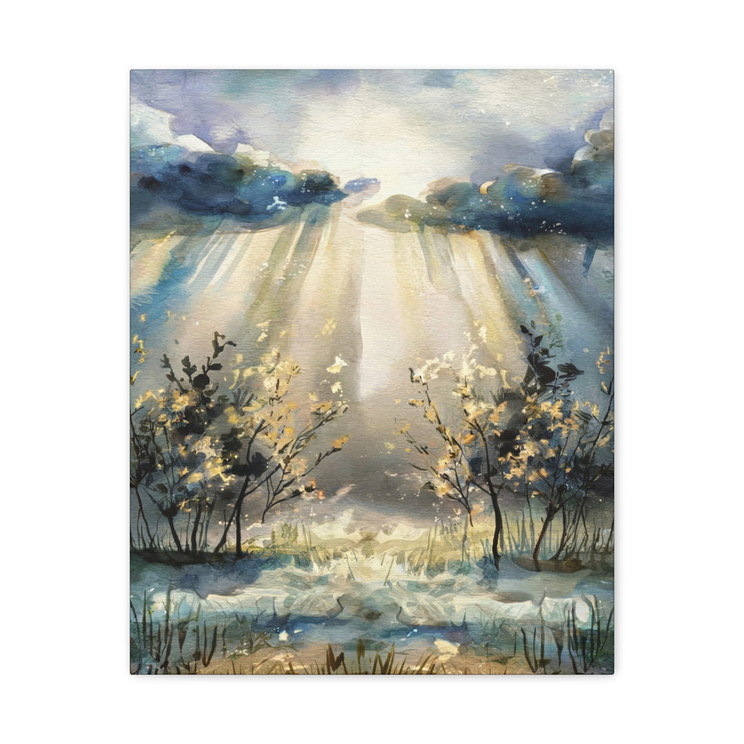 Faithful Through the Storm – Christian Canvas Wall Art | Light Breaking Through Clouds