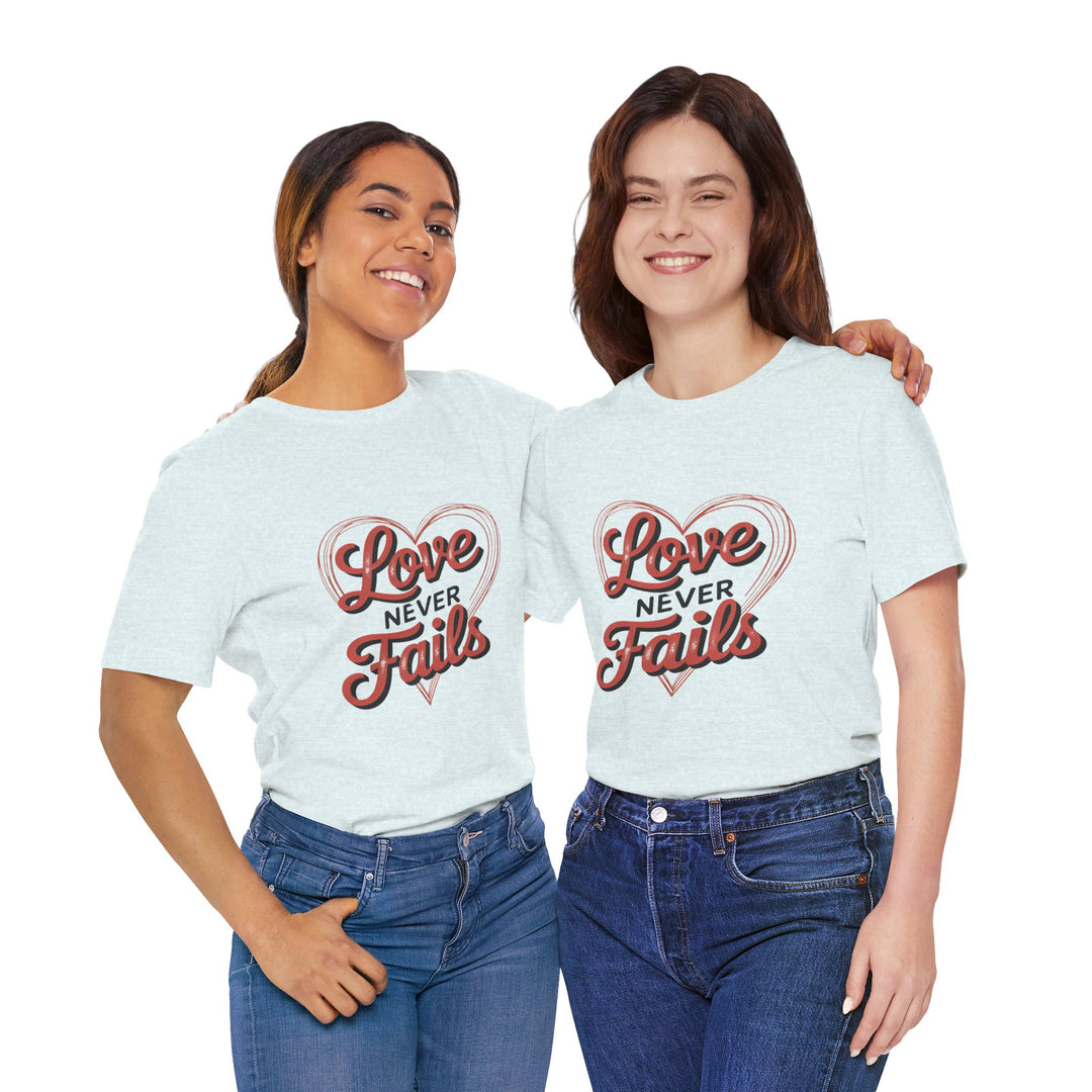 Love Never Fails – 1 Corinthians 13 Retro Heart T-Shirt