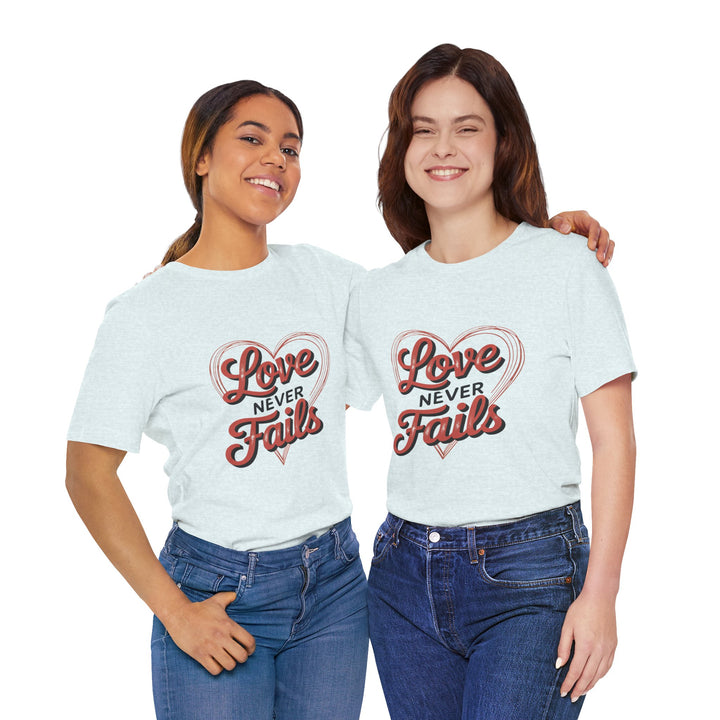Love Never Fails – 1 Corinthians 13 Retro Heart T-Shirt