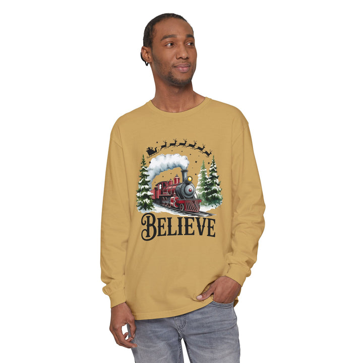 Believe Santa Train Long Sleeve Tee, Cozy Gift for Christmas, Unisex Shirt, Holiday Apparel, Festive Outfit, Winter Wear, Seasonal T-Shirt