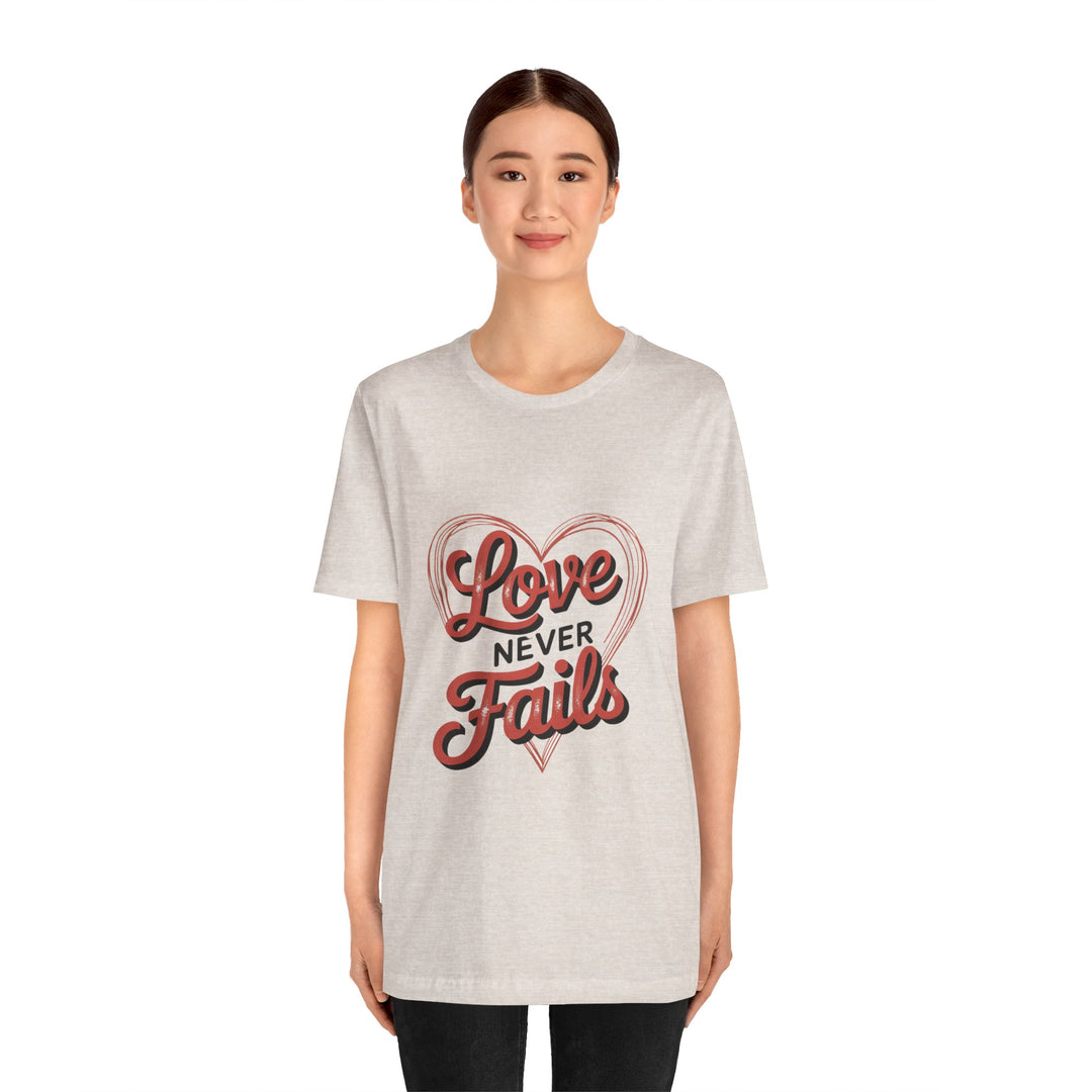 Love Never Fails – 1 Corinthians 13 Retro Heart T-Shirt