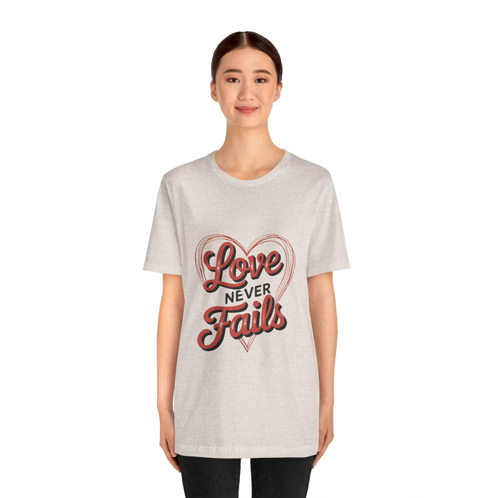 Love Never Fails – 1 Corinthians 13 Retro Heart T-Shirt