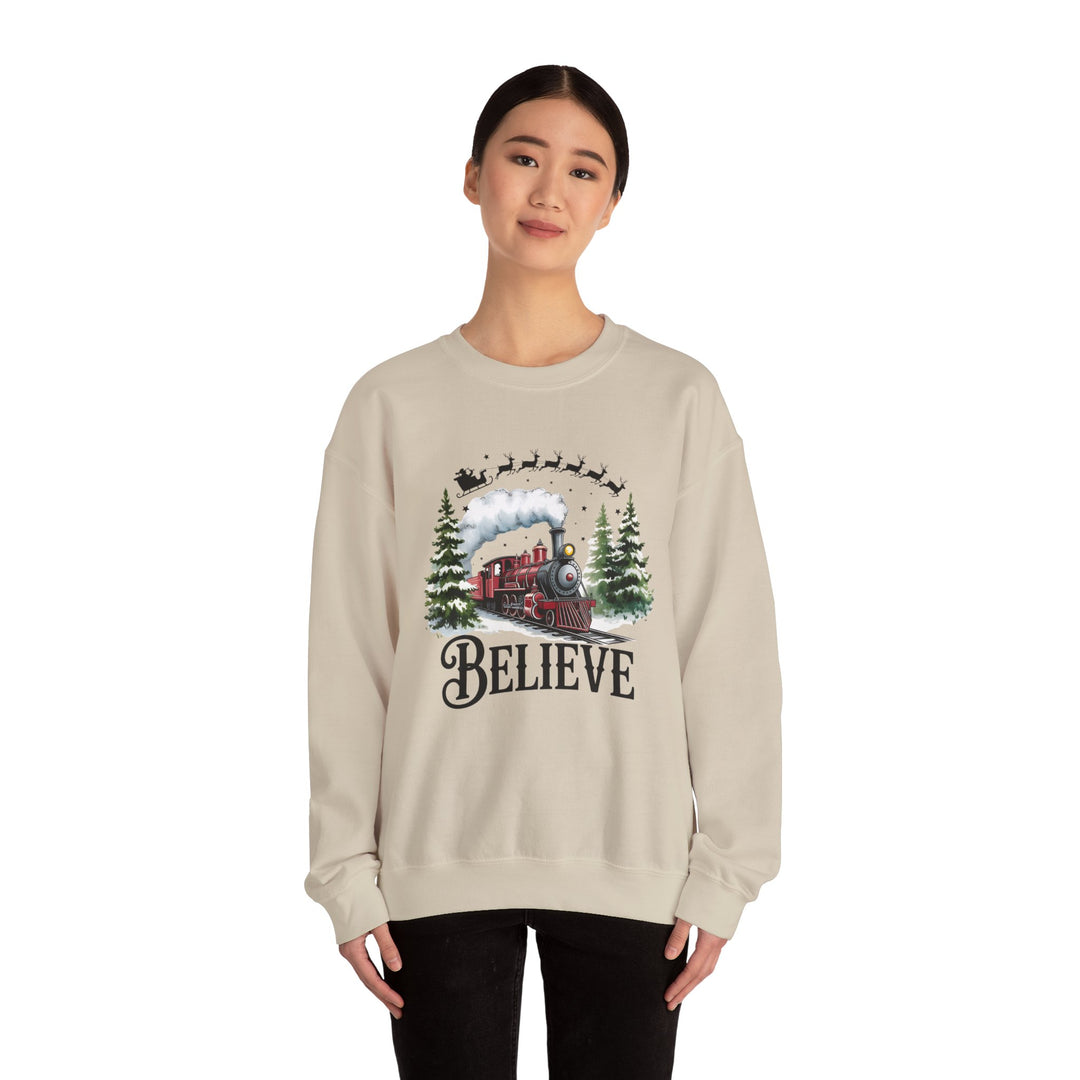 Believe Train Sweatshirt, Cozy Winter Crewneck, Christmas Gift, Holiday Apparel, Unisex Fleece