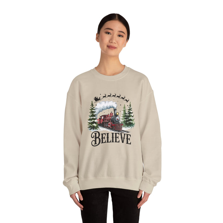 Believe Train Sweatshirt, Cozy Winter Crewneck, Christmas Gift, Holiday Apparel, Unisex Fleece
