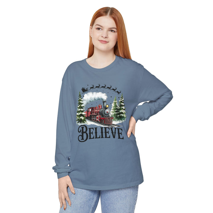Believe Santa Train Long Sleeve Tee, Cozy Gift for Christmas, Unisex Shirt, Holiday Apparel, Festive Outfit, Winter Wear, Seasonal T-Shirt