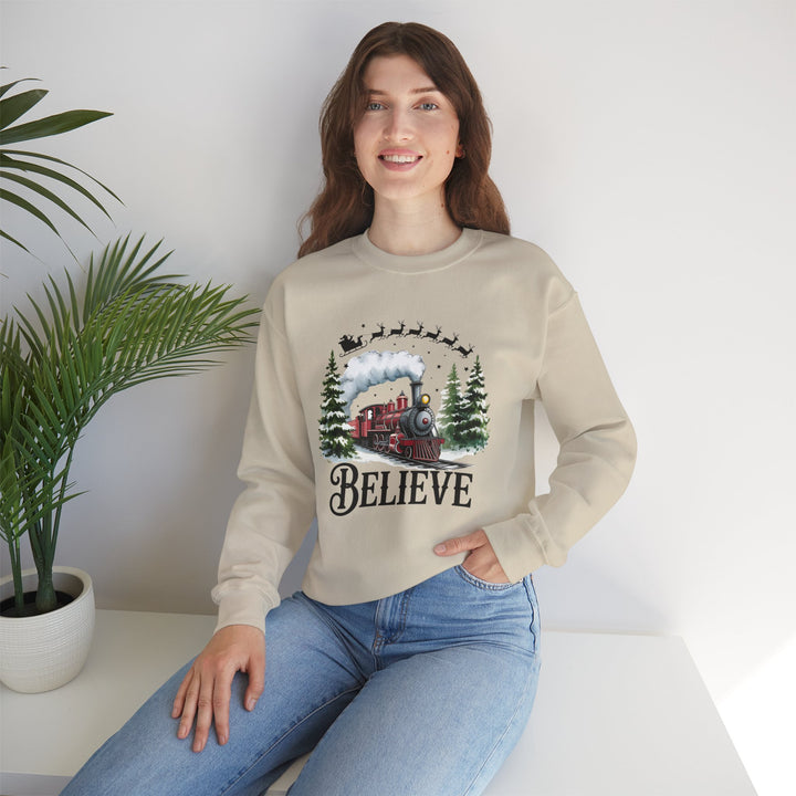 Believe Train Sweatshirt, Cozy Winter Crewneck, Christmas Gift, Holiday Apparel, Unisex Fleece