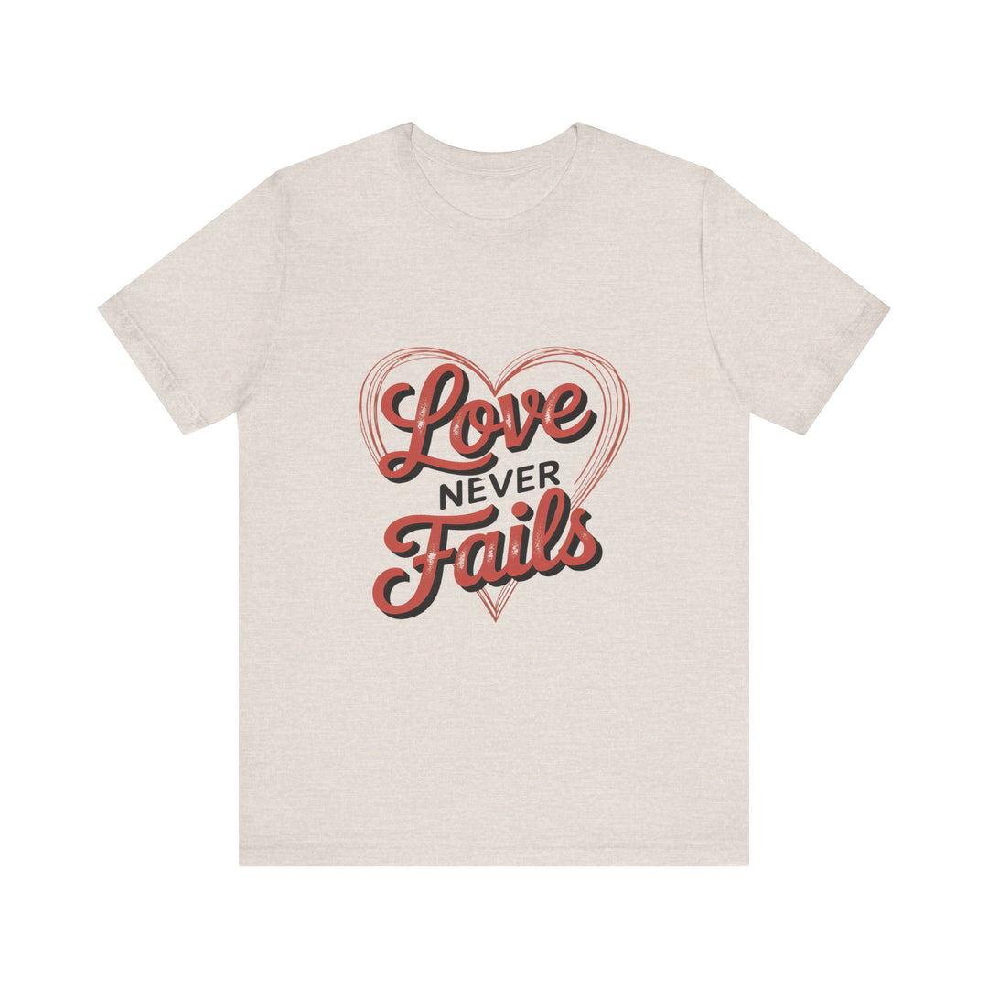 Love Never Fails – 1 Corinthians 13 Retro Heart T-Shirt