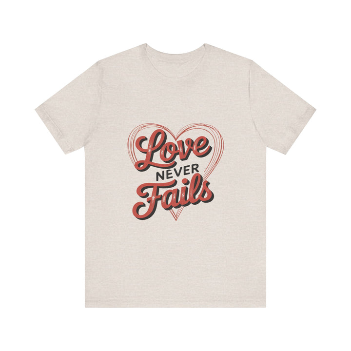 Love Never Fails – 1 Corinthians 13 Retro Heart T-Shirt