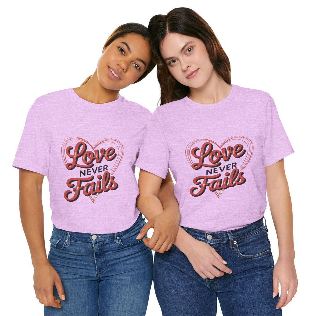 Love Never Fails – 1 Corinthians 13 Retro Heart T-Shirt