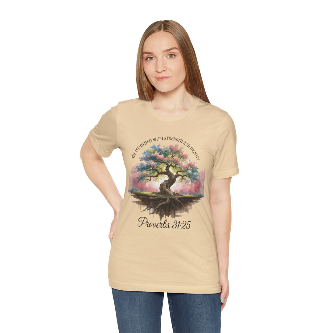 Tree of Life Tee Shirt - She Is Clothed with Strength and Dignity Proverbs 31:25 Watercolor Design