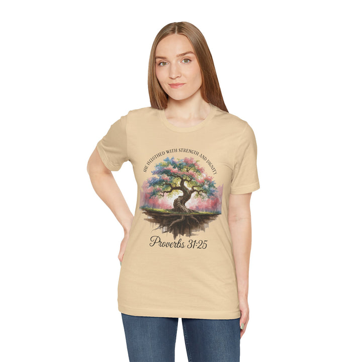 Tree of Life Tee Shirt - She Is Clothed with Strength and Dignity Proverbs 31:25 Watercolor Design