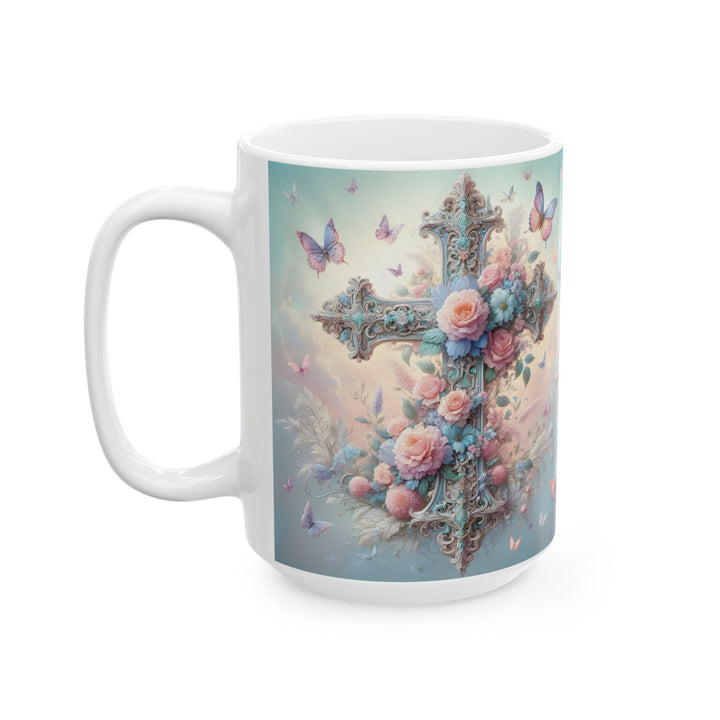 Faith & Beauty Cross Floral Mug – Christian Coffee Cup with Butterflies