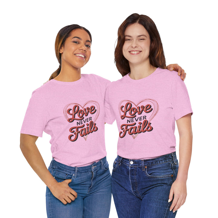 Love Never Fails – 1 Corinthians 13 Retro Heart T-Shirt