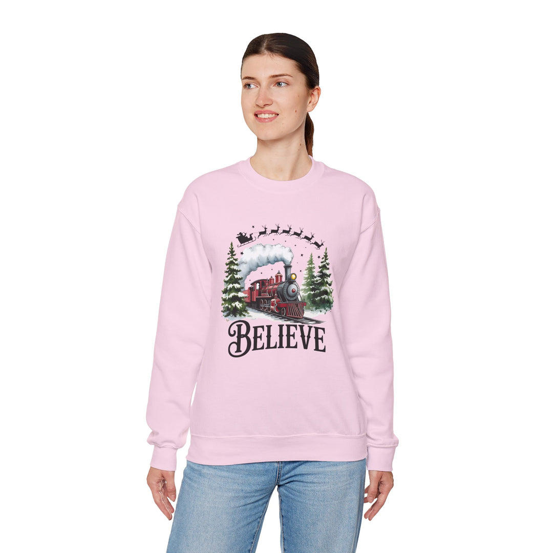 Believe Train Sweatshirt, Cozy Winter Crewneck, Christmas Gift, Holiday Apparel, Unisex Fleece