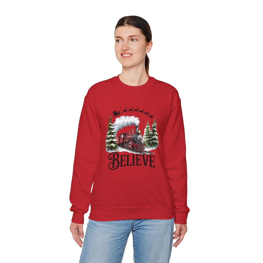 Believe Train Sweatshirt, Cozy Winter Crewneck, Christmas Gift, Holiday Apparel, Unisex Fleece