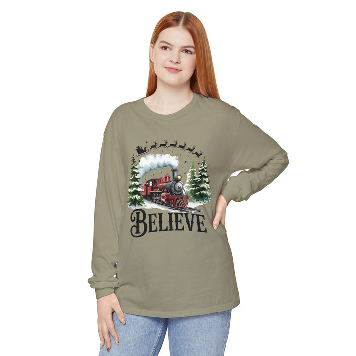 Believe Santa Train Long Sleeve Tee, Cozy Gift for Christmas, Unisex Shirt, Holiday Apparel, Festive Outfit, Winter Wear, Seasonal T-Shirt