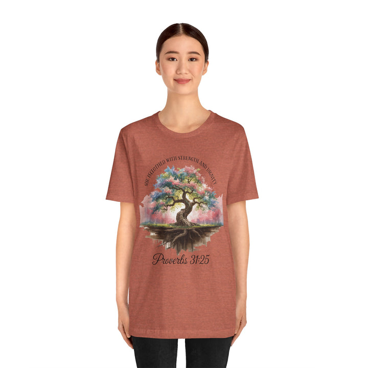 Tree of Life Tee Shirt - She Is Clothed with Strength and Dignity Proverbs 31:25 Watercolor Design