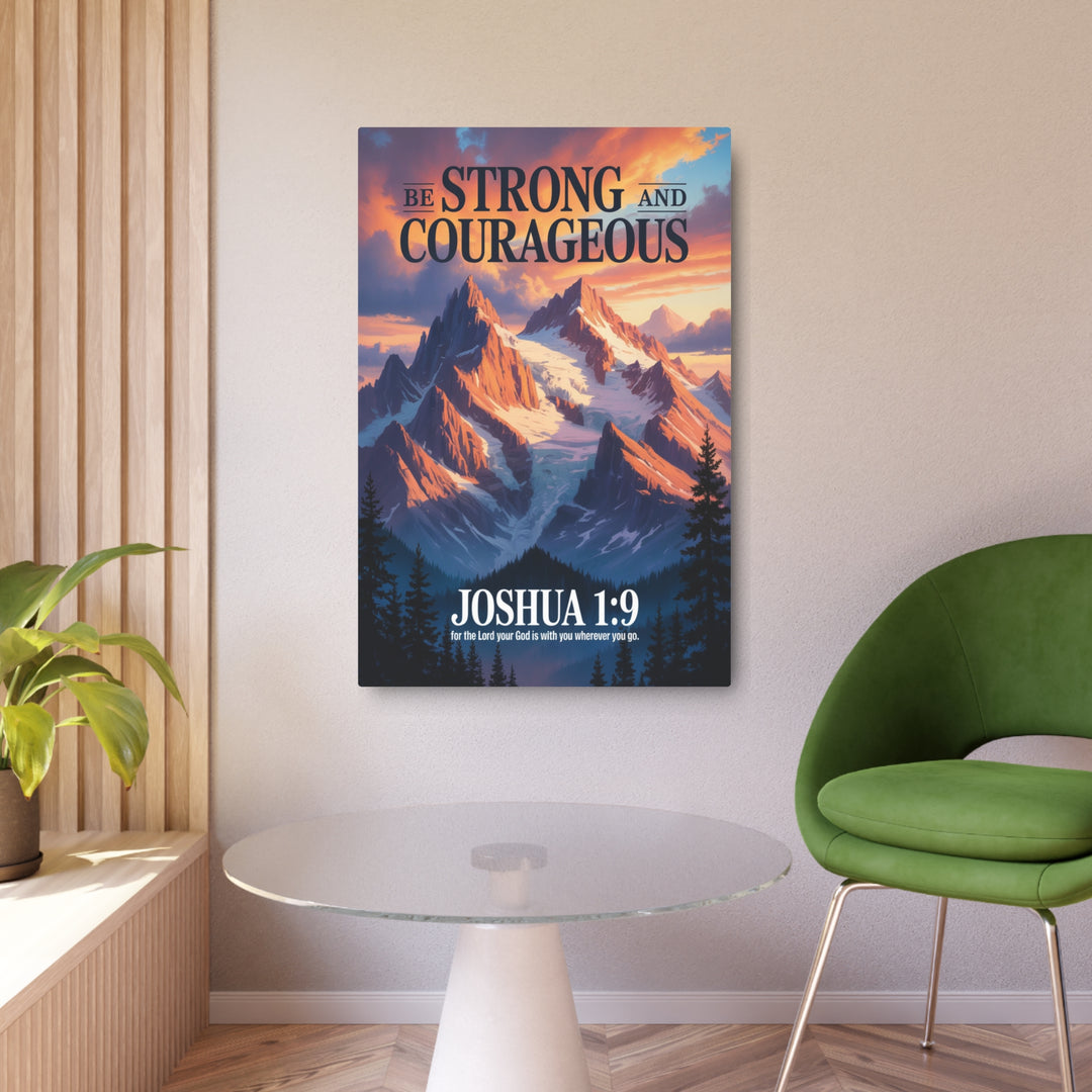 "Be Strong and Courageous - Joshua 1:9" - Mountain Sunrise Metal Wall Art