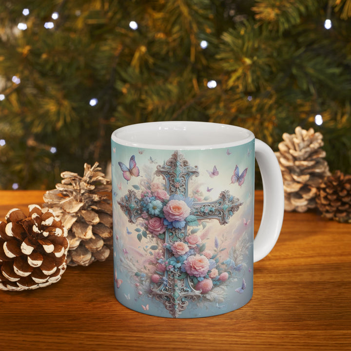 Faith & Beauty Cross Floral Mug – Christian Coffee Cup with Butterflies