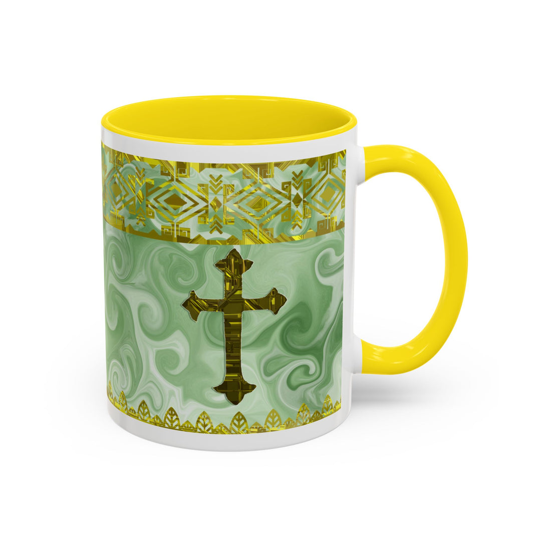 Gold Cross on Mint Marble – Elegant Christian Mug