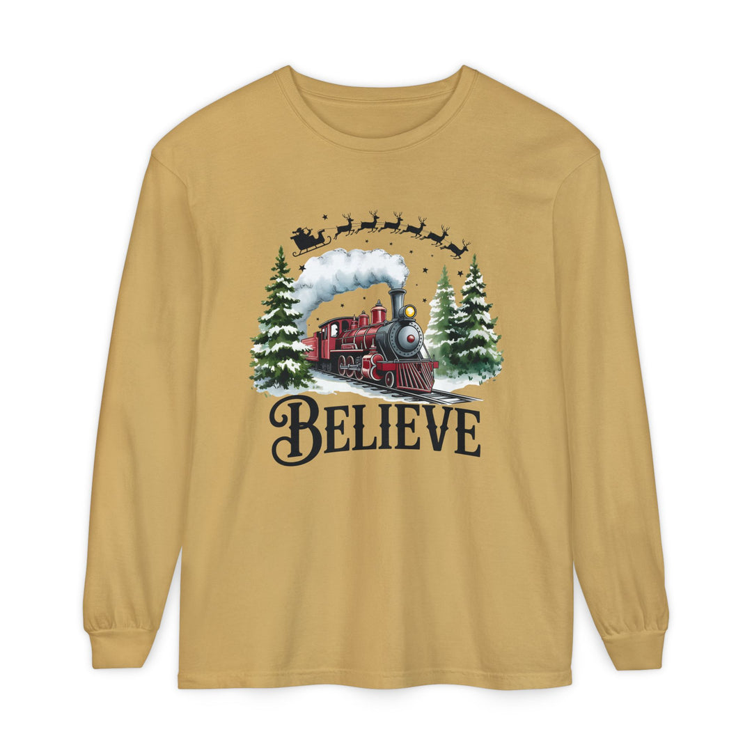 Believe Santa Train Long Sleeve Tee, Cozy Gift for Christmas, Unisex Shirt, Holiday Apparel, Festive Outfit, Winter Wear, Seasonal T-Shirt