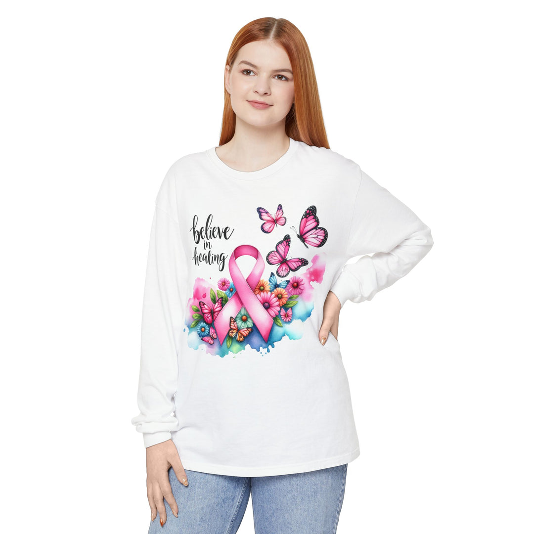 Breast Cancer Awareness Long Sleeve Tee, Supportive Gift, Inspirational Shirt for Women, Hope, Healing, Mother’s Day, Fundraising Event