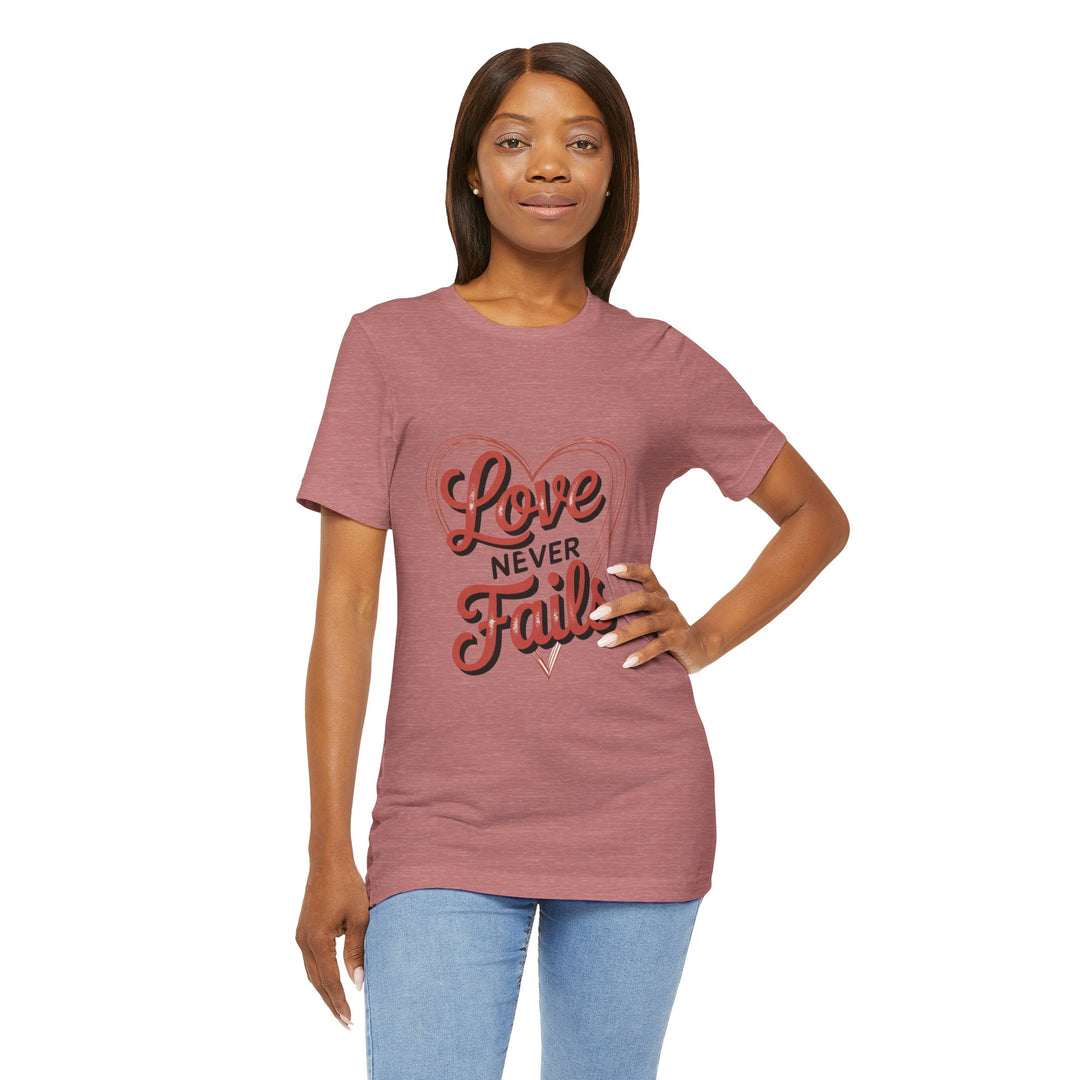 Love Never Fails – 1 Corinthians 13 Retro Heart T-Shirt