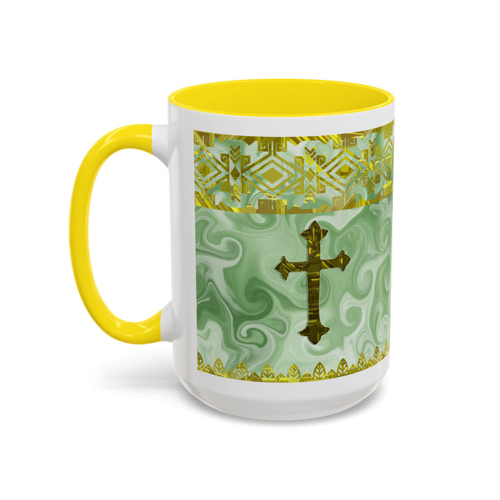 Gold Cross on Mint Marble – Elegant Christian Mug