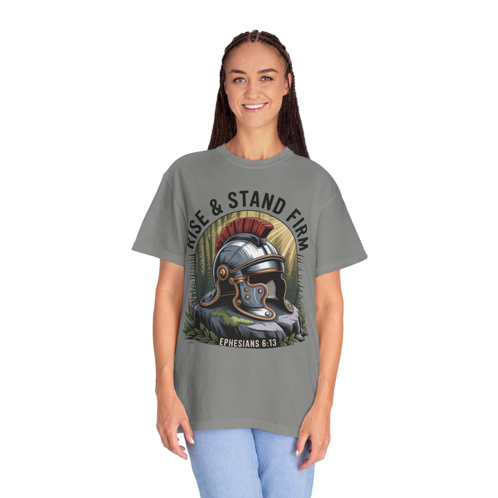 Faithful Warrior Unisex T-shirt - Rise & Stand Firm with Roman Helmet Design