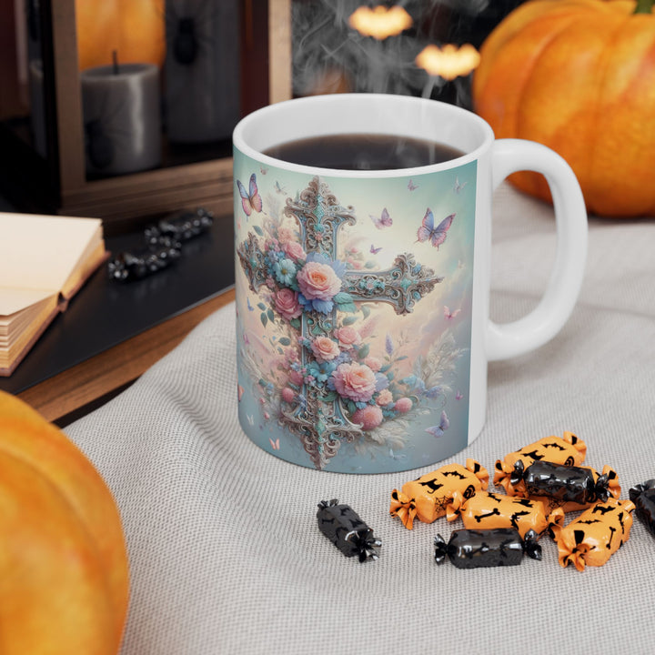 Faith & Beauty Cross Floral Mug – Christian Coffee Cup with Butterflies