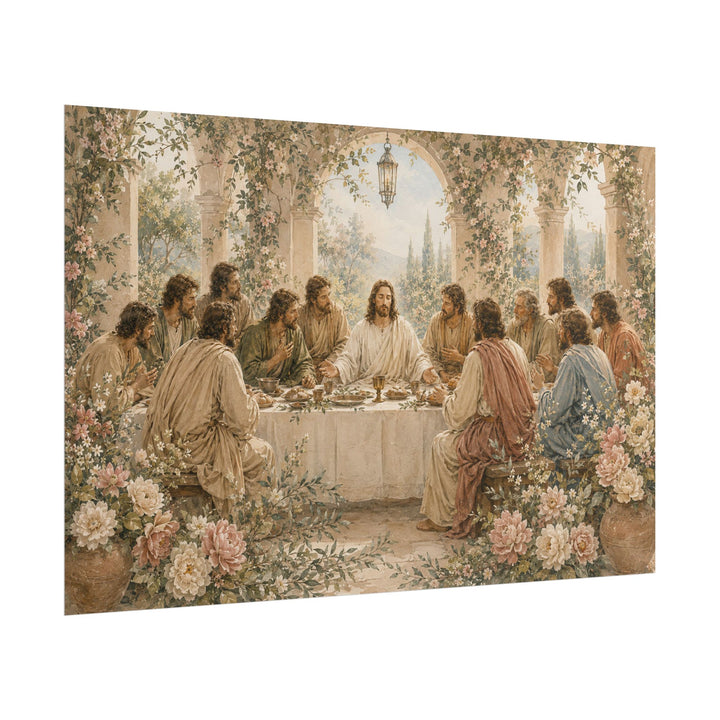 Detail of Jesus and the disciples in the Botanical Last Supper Christian artwork.