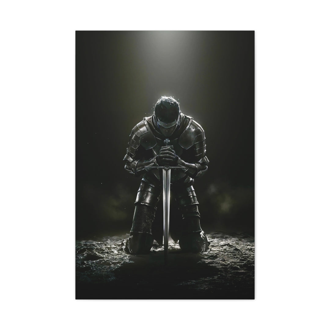 Kneeling Knight Matte Canvas Print — Dark Medieval Armor Sword Wall Art