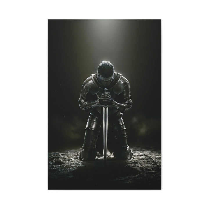 Kneeling Knight Matte Canvas Print — Dark Medieval Armor Sword Wall Art