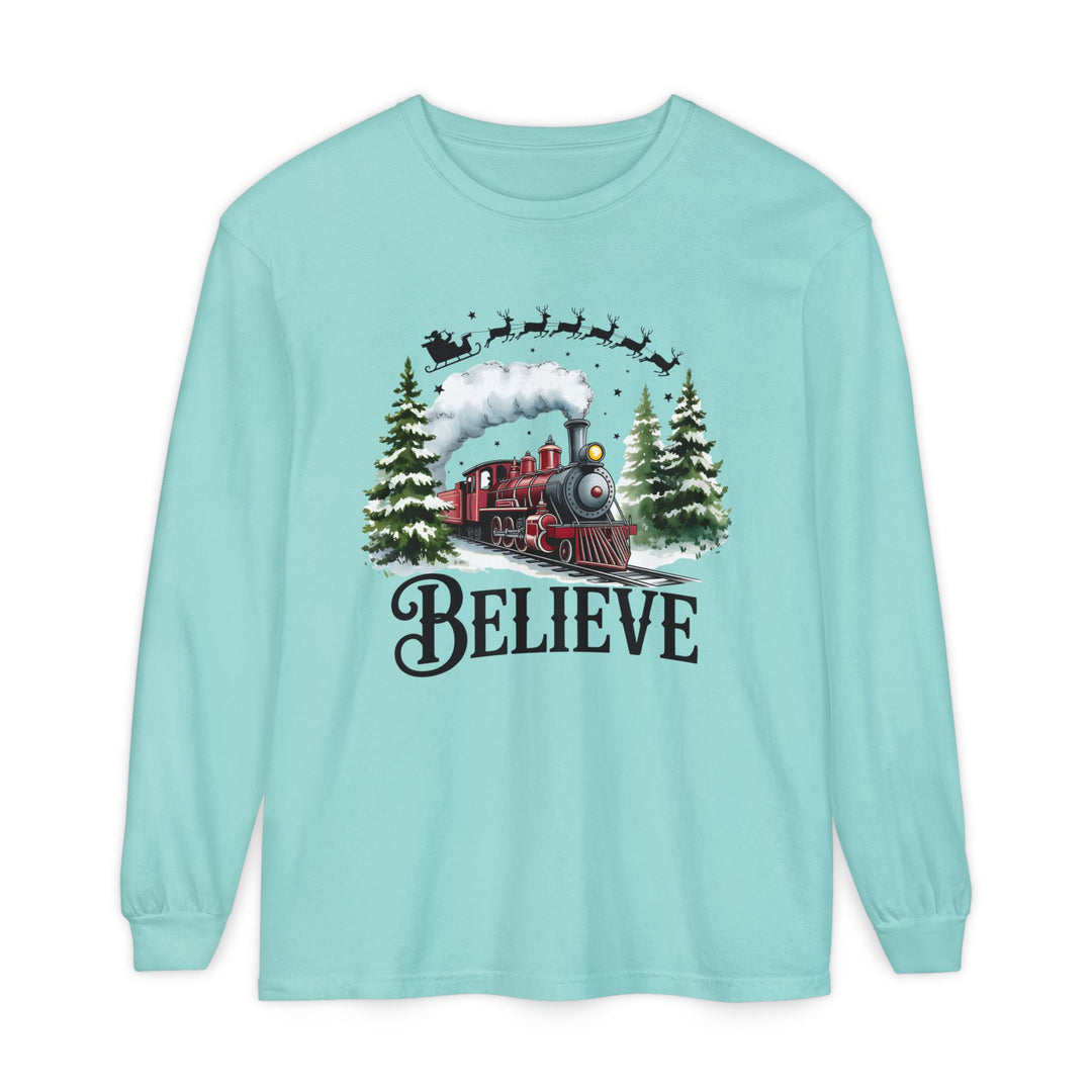 Believe Santa Train Long Sleeve Tee, Cozy Gift for Christmas, Unisex Shirt, Holiday Apparel, Festive Outfit, Winter Wear, Seasonal T-Shirt