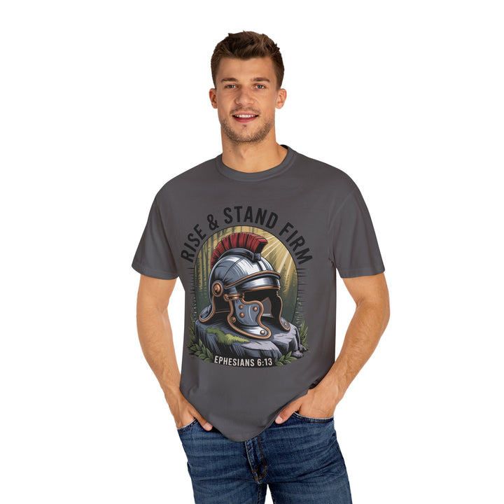 Faithful Warrior Unisex T-shirt - Rise & Stand Firm with Roman Helmet Design