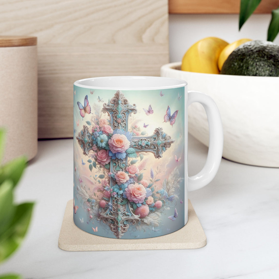 Faith & Beauty Cross Floral Mug – Christian Coffee Cup with Butterflies