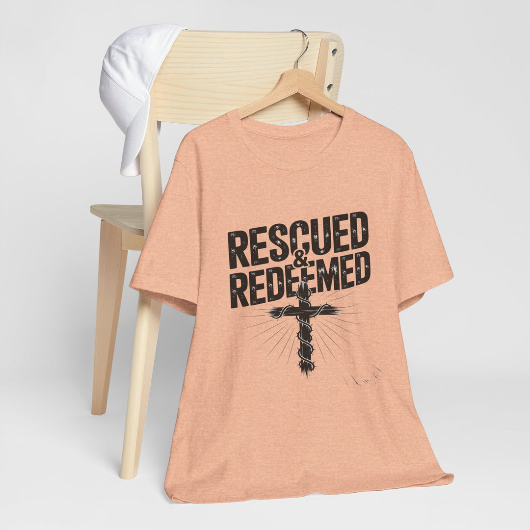 Faith-Inspired Unisex Jersey Tee - Rescued & Redeemed, Christian T-Shirt, Inspirational Apparel, Gift for Believers, Casual Wear