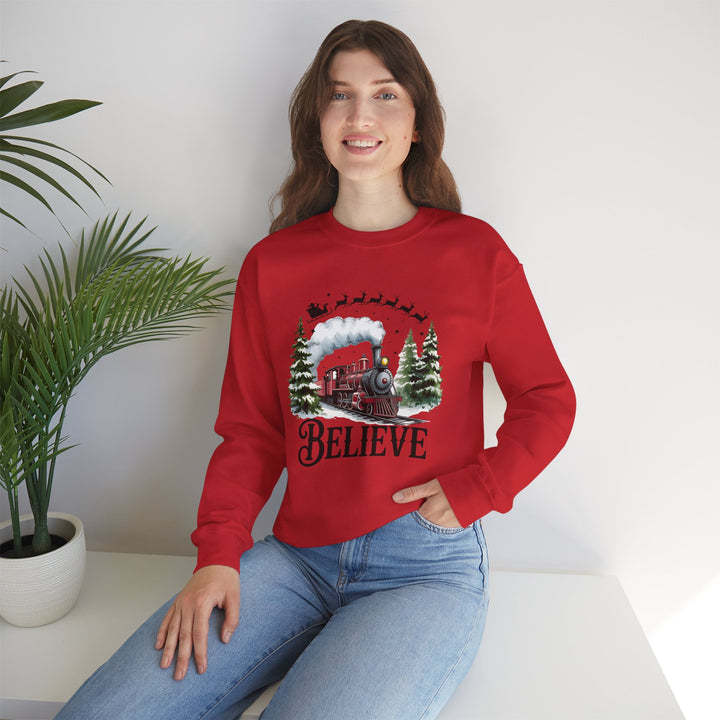Believe Train Sweatshirt, Cozy Winter Crewneck, Christmas Gift, Holiday Apparel, Unisex Fleece