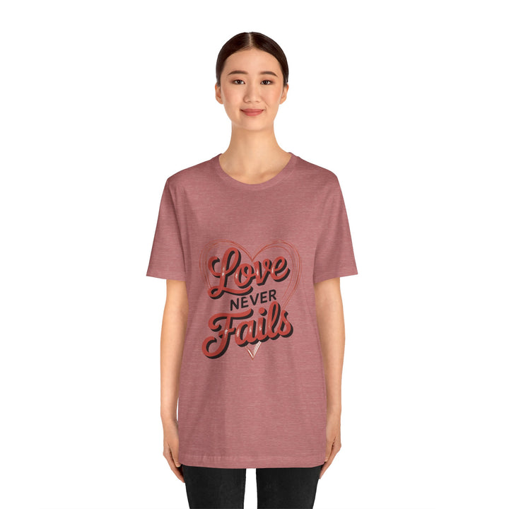 Love Never Fails – 1 Corinthians 13 Retro Heart T-Shirt