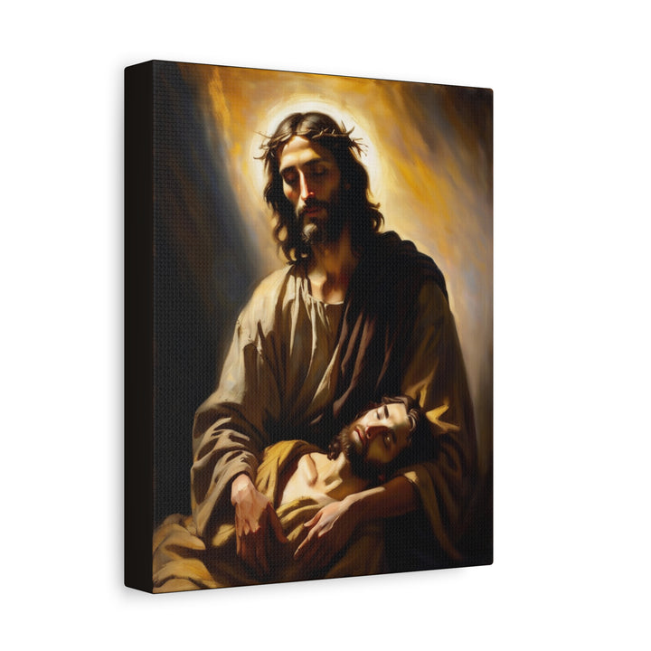 In the Arms of Christ | Peaceful Religious Art Canvas – Christian Wall Décor for Home or Church