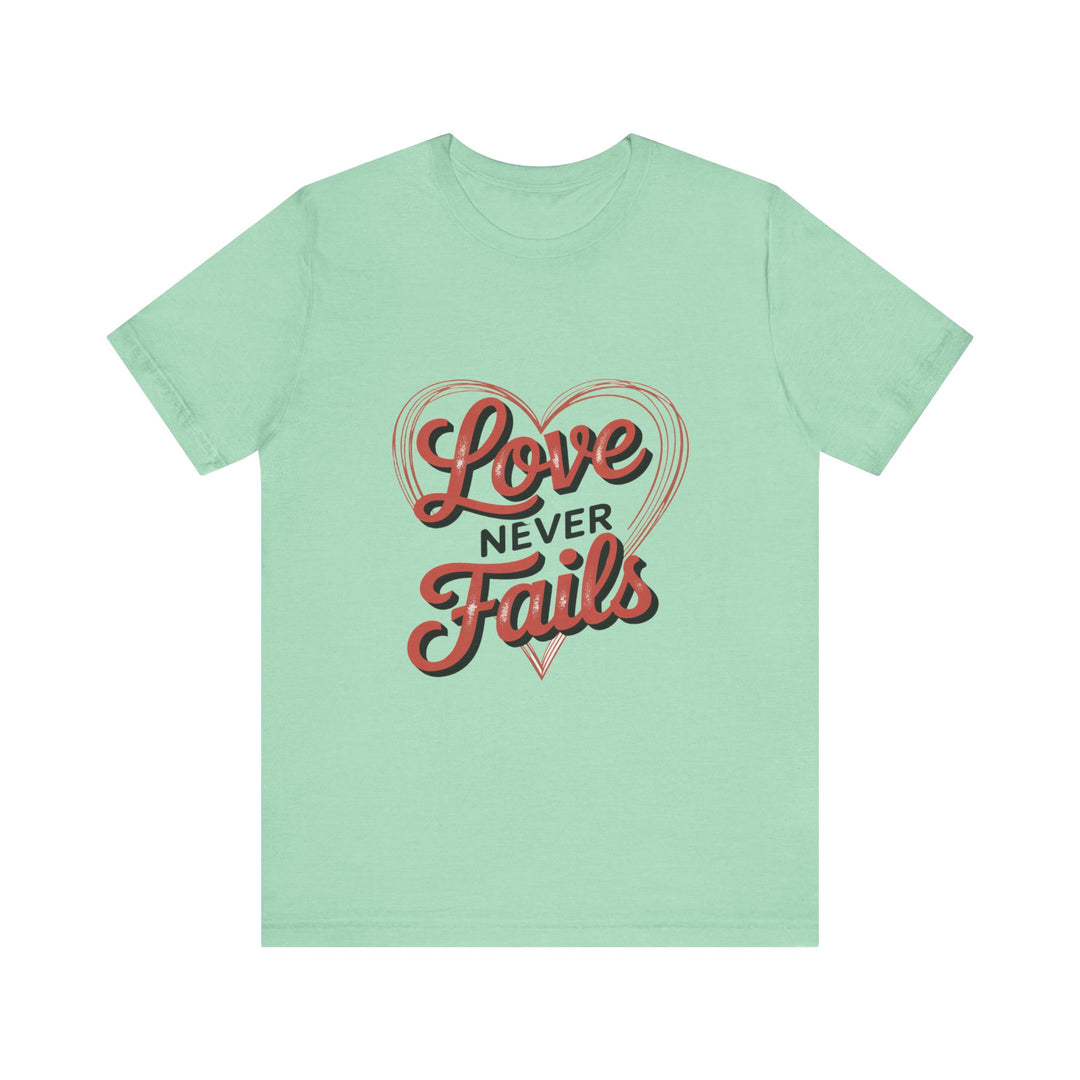 Love Never Fails – 1 Corinthians 13 Retro Heart T-Shirt
