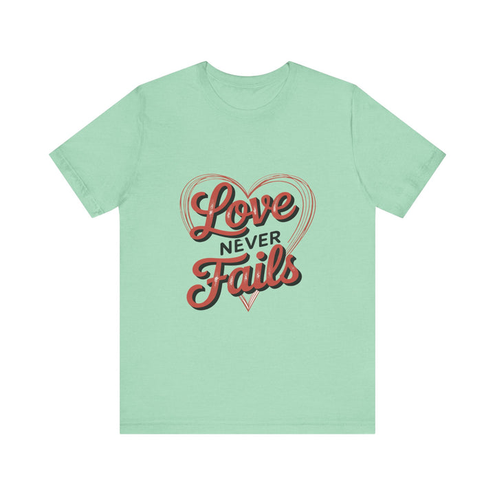 Love Never Fails – 1 Corinthians 13 Retro Heart T-Shirt