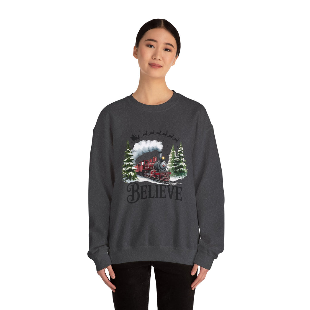 Believe Train Sweatshirt, Cozy Winter Crewneck, Christmas Gift, Holiday Apparel, Unisex Fleece
