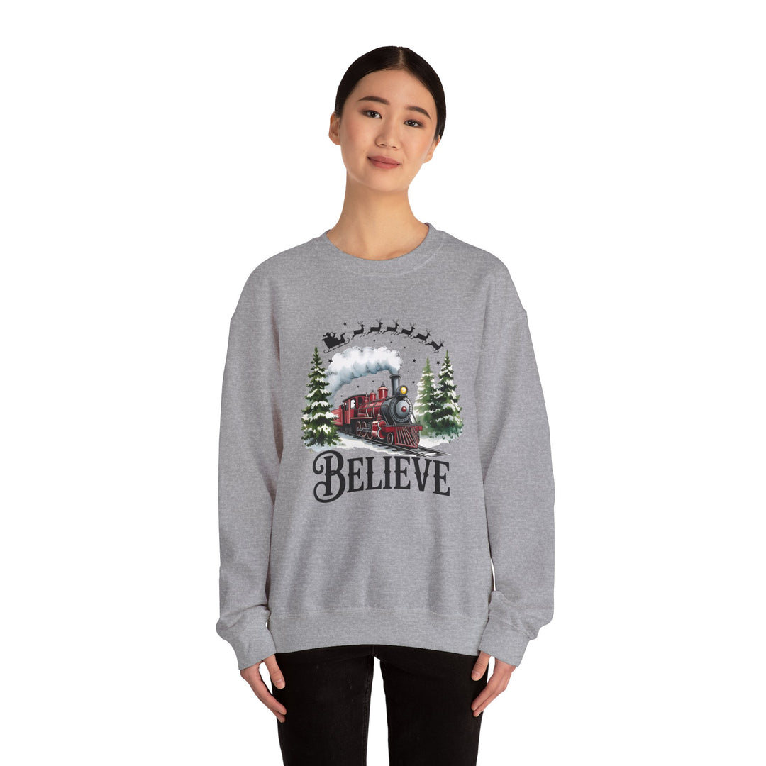 Believe Train Sweatshirt, Cozy Winter Crewneck, Christmas Gift, Holiday Apparel, Unisex Fleece