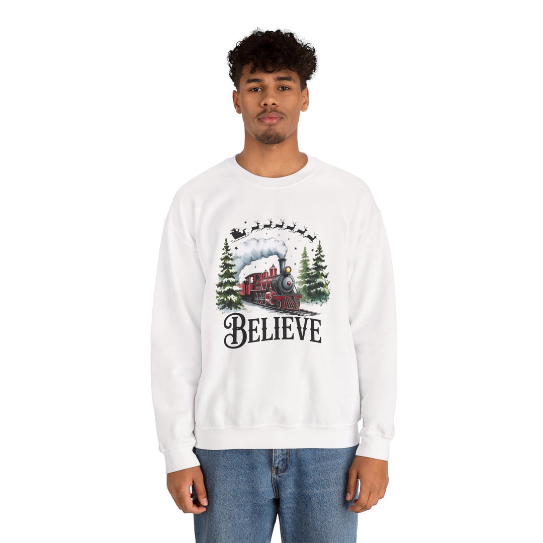 Believe Train Sweatshirt, Cozy Winter Crewneck, Christmas Gift, Holiday Apparel, Unisex Fleece