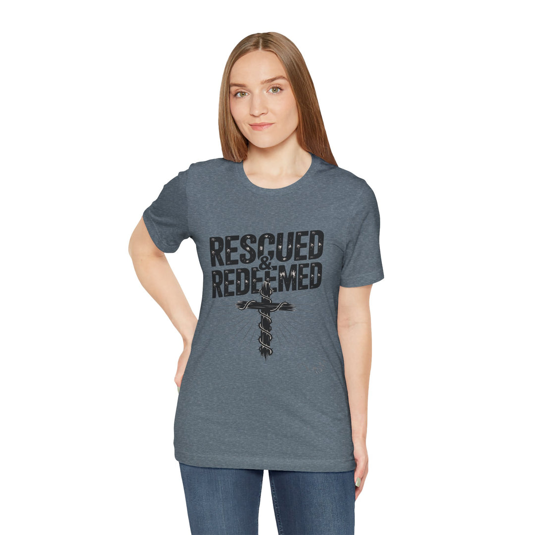 Faith-Inspired Unisex Jersey Tee - Rescued & Redeemed, Christian T-Shirt, Inspirational Apparel, Gift for Believers, Casual Wear