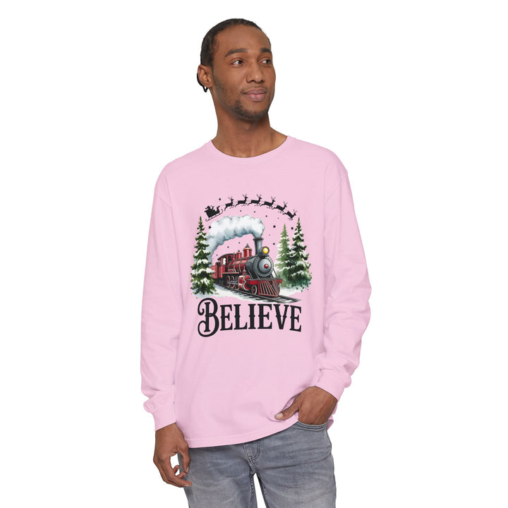 Believe Santa Train Long Sleeve Tee, Cozy Gift for Christmas, Unisex Shirt, Holiday Apparel, Festive Outfit, Winter Wear, Seasonal T-Shirt